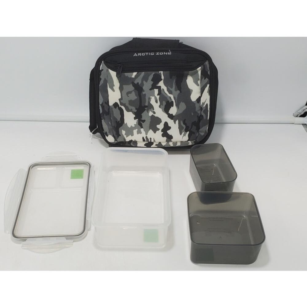 Arctic Zone Small Insulated Lunch Tote, Black Camo w/ 4 Plastic Bento Containers